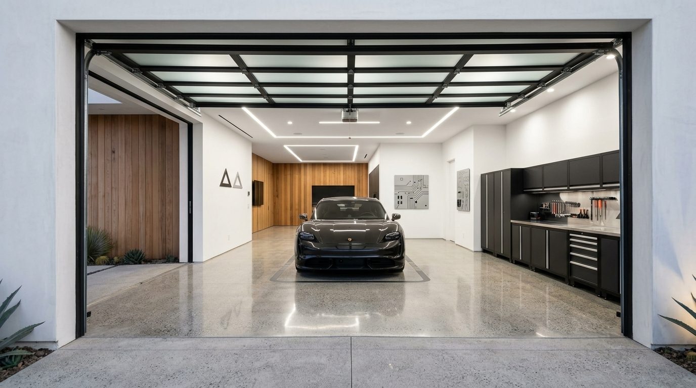 Lake Garage Door Repair Interior View of Custom Garage Door Overhead and Workshop